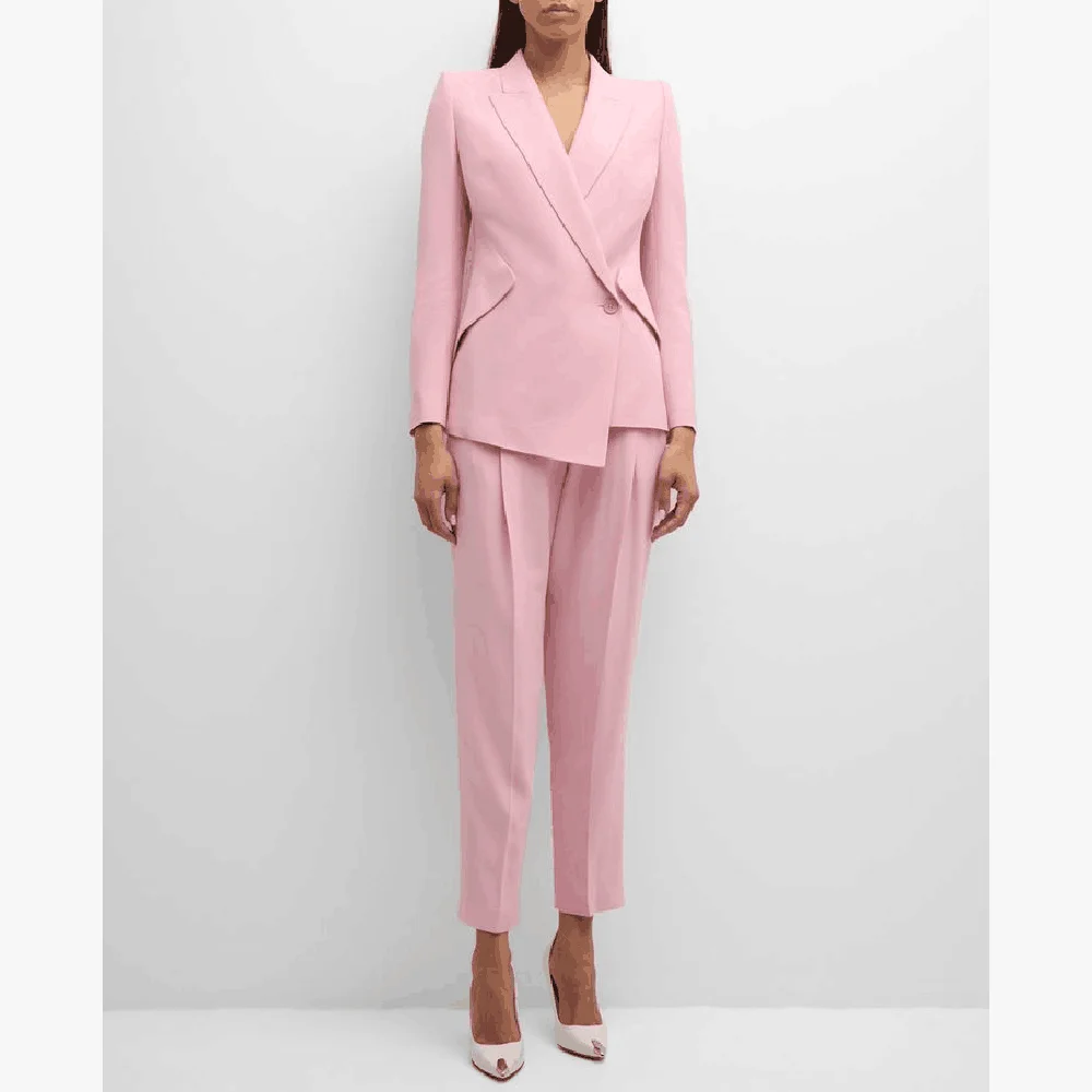 Chic Pink One Button Design Slim Women Pants Set High-end Female Two Pieces(Blazer+Trousers)أطقم بناطيل