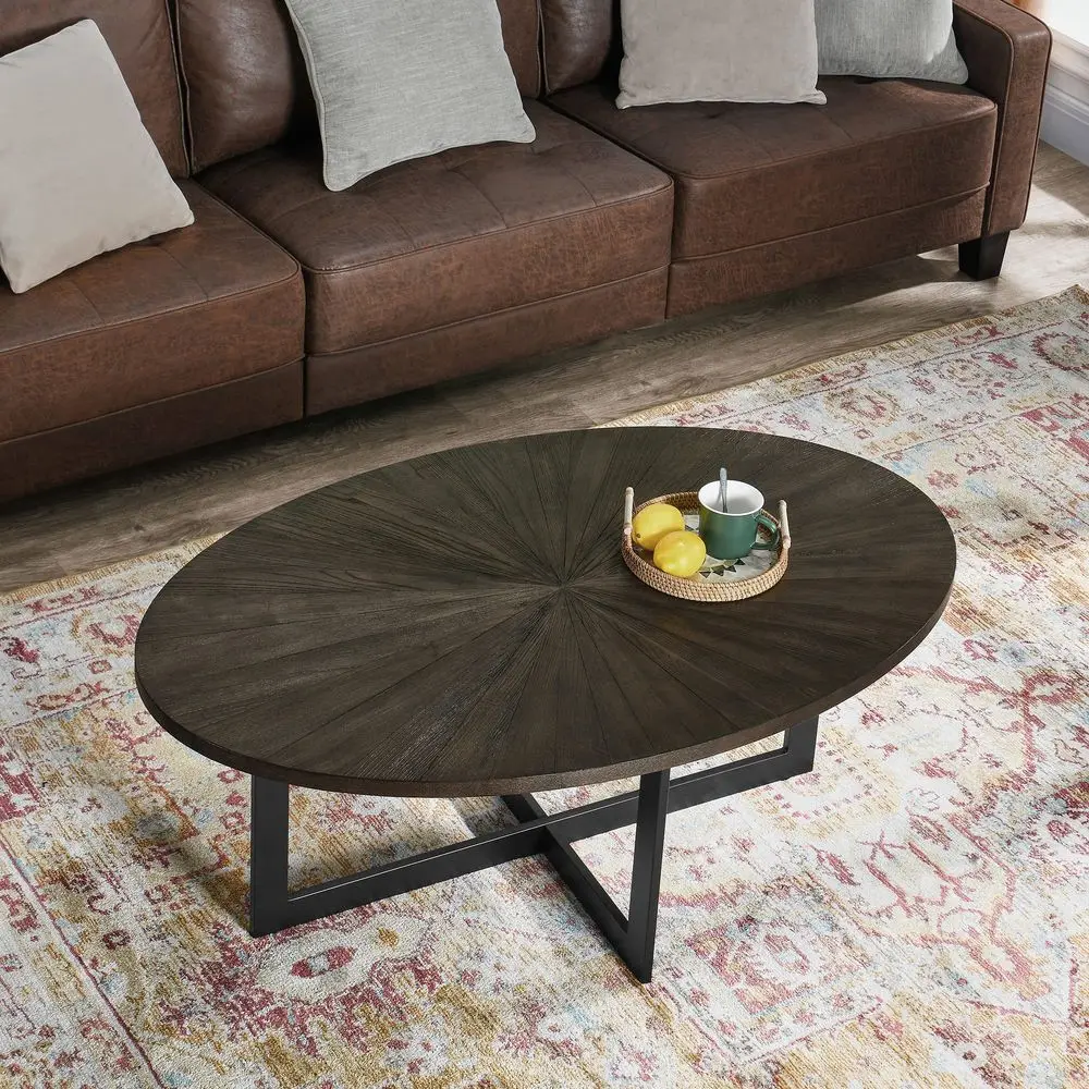 

Wood Oval Coffee Table with Cross Metal Legs, 47.9 Industrail Bar Cocktail Table for Living Room Kitchen Office Sofa Table Bris