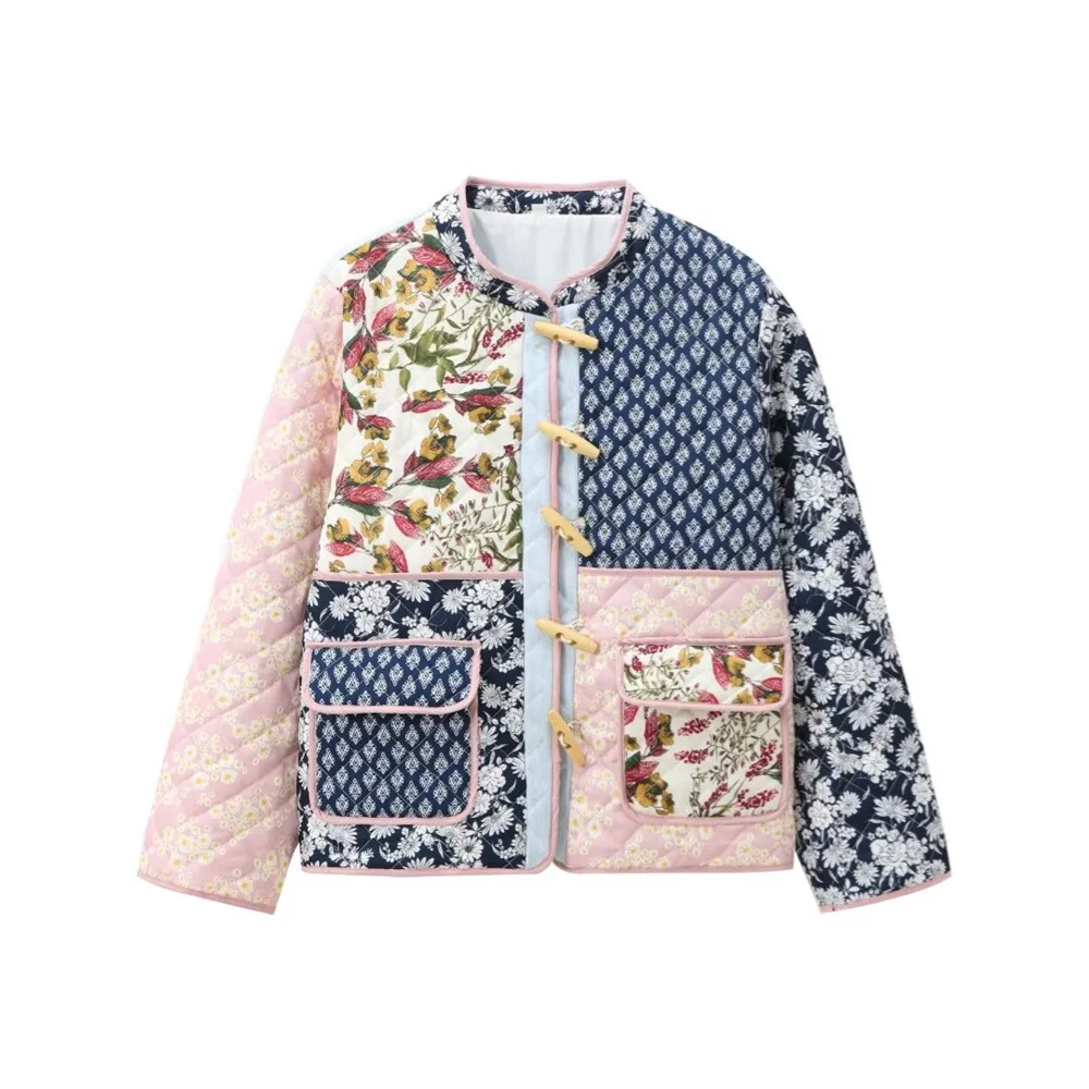 TRAF   Autumn new product women\'s casual and versatile single breasted decoration positioning printing splicing cotton jacket