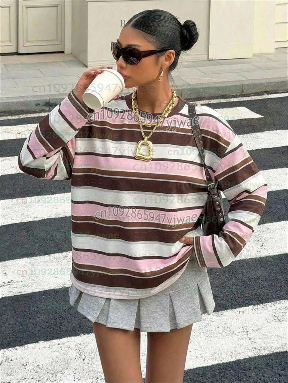 2027 Autumn/Winter New Hot Brown And Blue/Pink Colorful Striped Sports Colorblock Printed Women's Retro Street Long Sleeved Tee