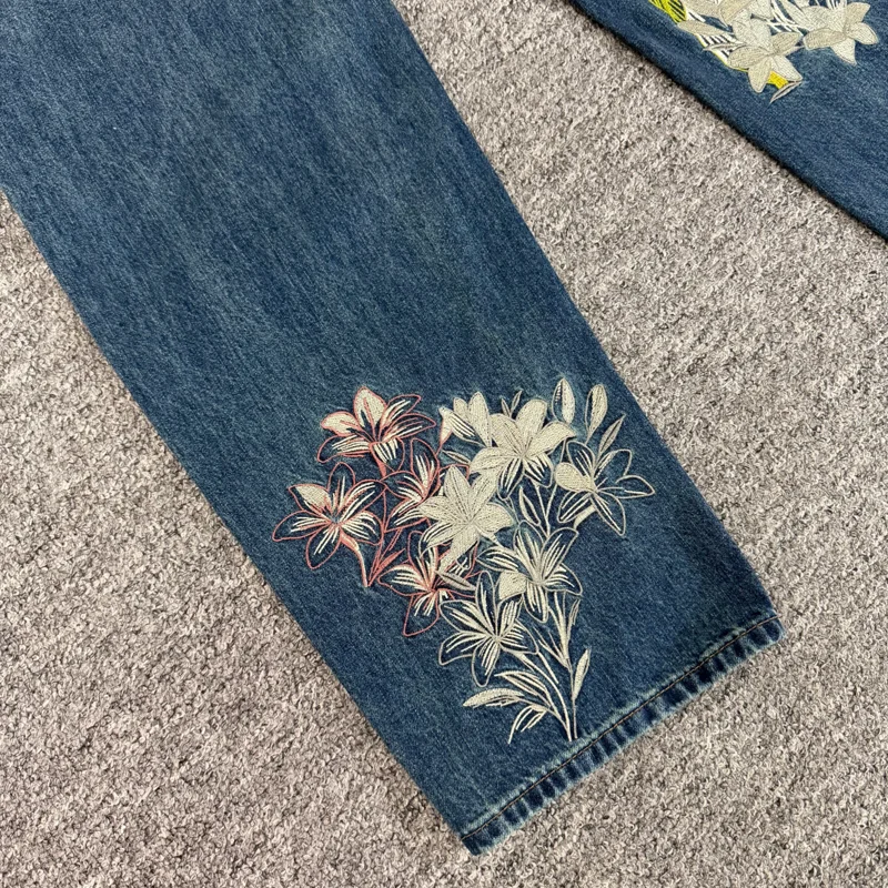 Stock High Street Trendy Derschutze Jeans Men Women High Quality Embroidered Loose Straight Leg Blue Pants