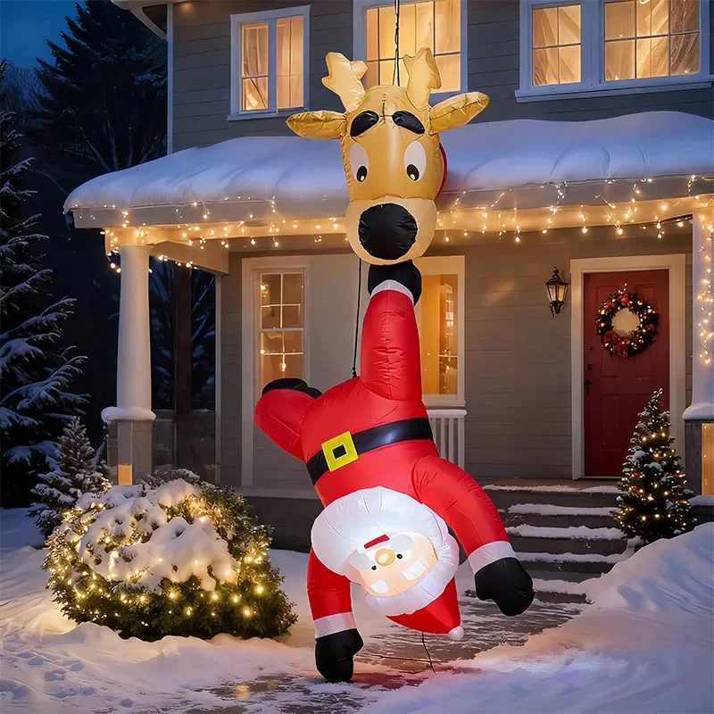 1.8M Giant Inflatable Christmas Reindeer with Climbing Santa LED Light Up Air Blow Up Yard Decoration for Outdoor Garden