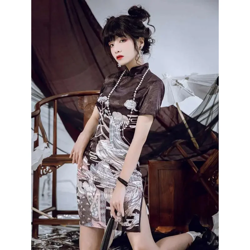 الرجعية السنة الصينية الجديدة زي نمط الطباعة فتاة شابة قصيرة تشيباو شيونغسام الربيع والصيف رقيقة الصينية التقليدية اللباس