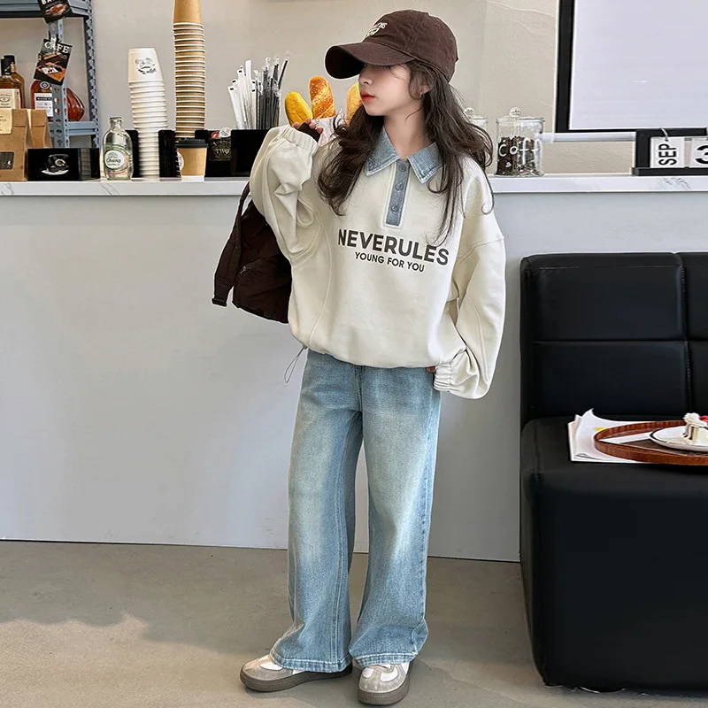 ZOETOPKID Spring Autumn Girls' Sweatshirt Set with Denim Collar Jeans Pants Junior High School Students Set and Outfits