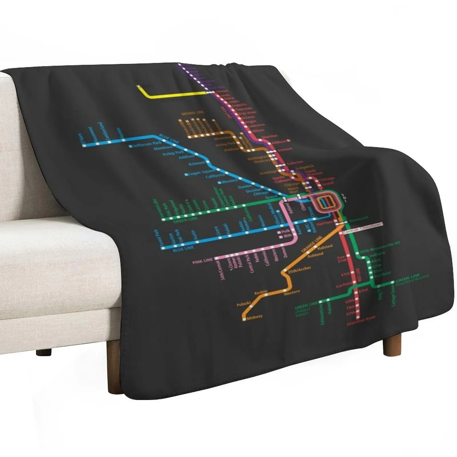Chicago Trains Map Throw Blanket Warm Plush Fuzzy Blanket for Living Room