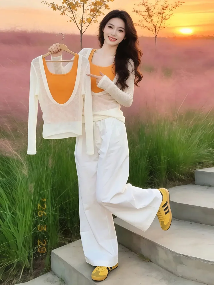 Orange U-Neck Vest Strap Long Sleeve Women's Style Semi-Transparent Slimming Cover up Summer T-Shirt Gentle Style Durable Mat...