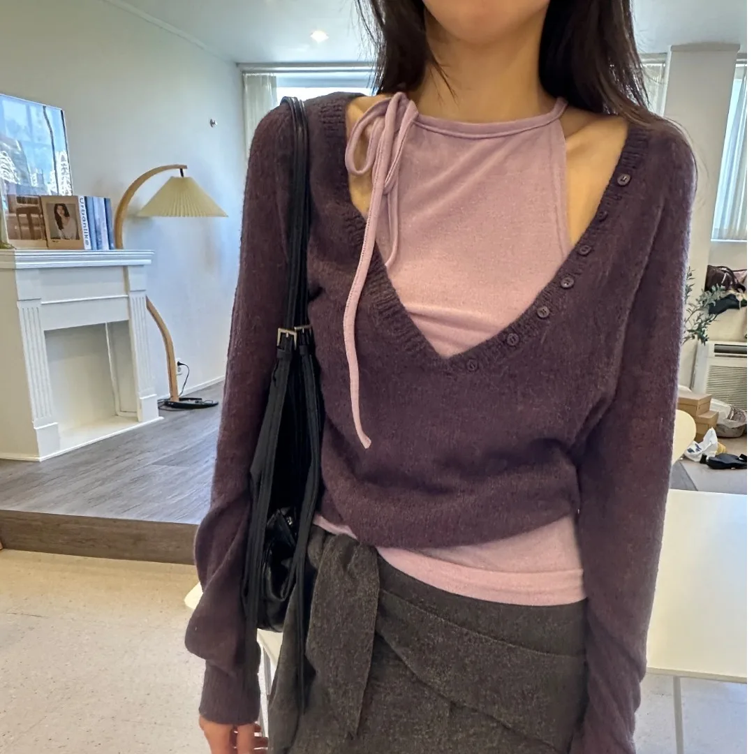 2026 New Chic Korean Style Lazy Soft Cozy Large V-Neck Knitted Sweater with Strap Women's Fashion Loose Fit Winter Top