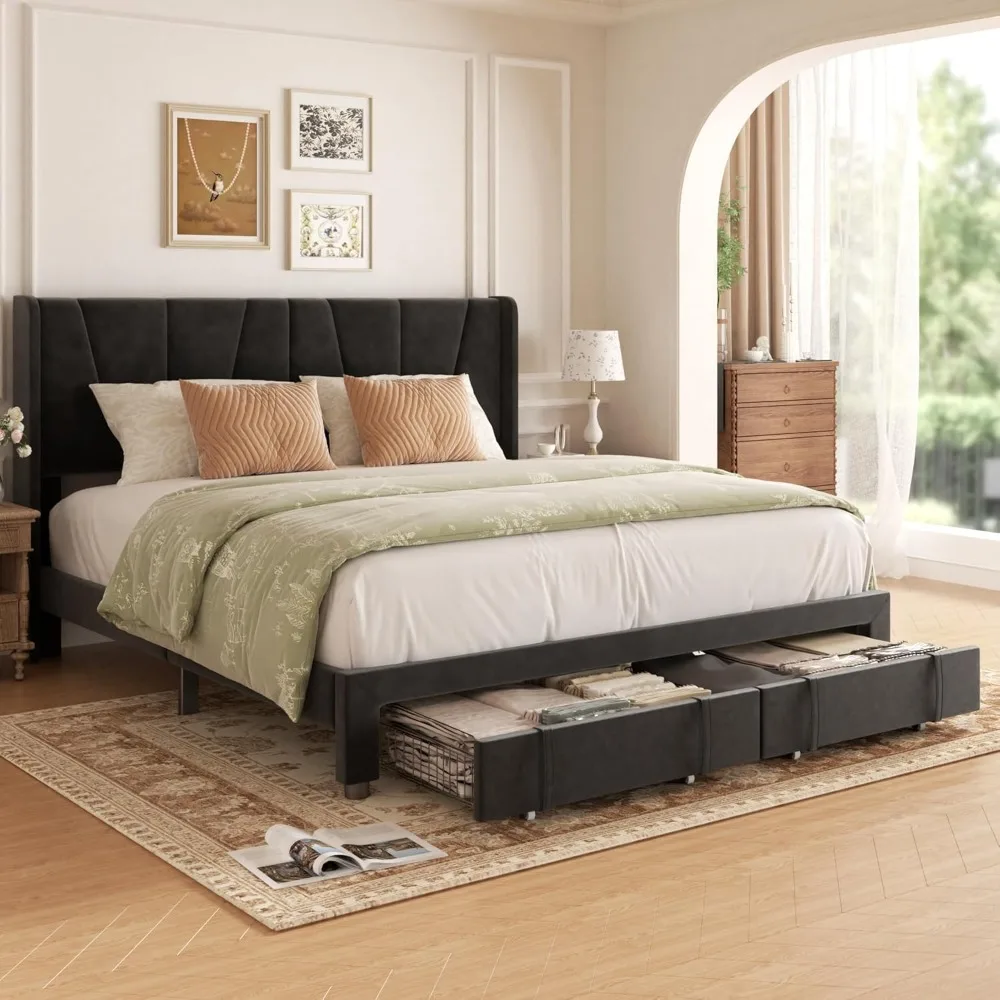 

"storage drawer king bed frame, upholstered platform bed with headboard and wingboard, no box spring required, quiet and easy as
