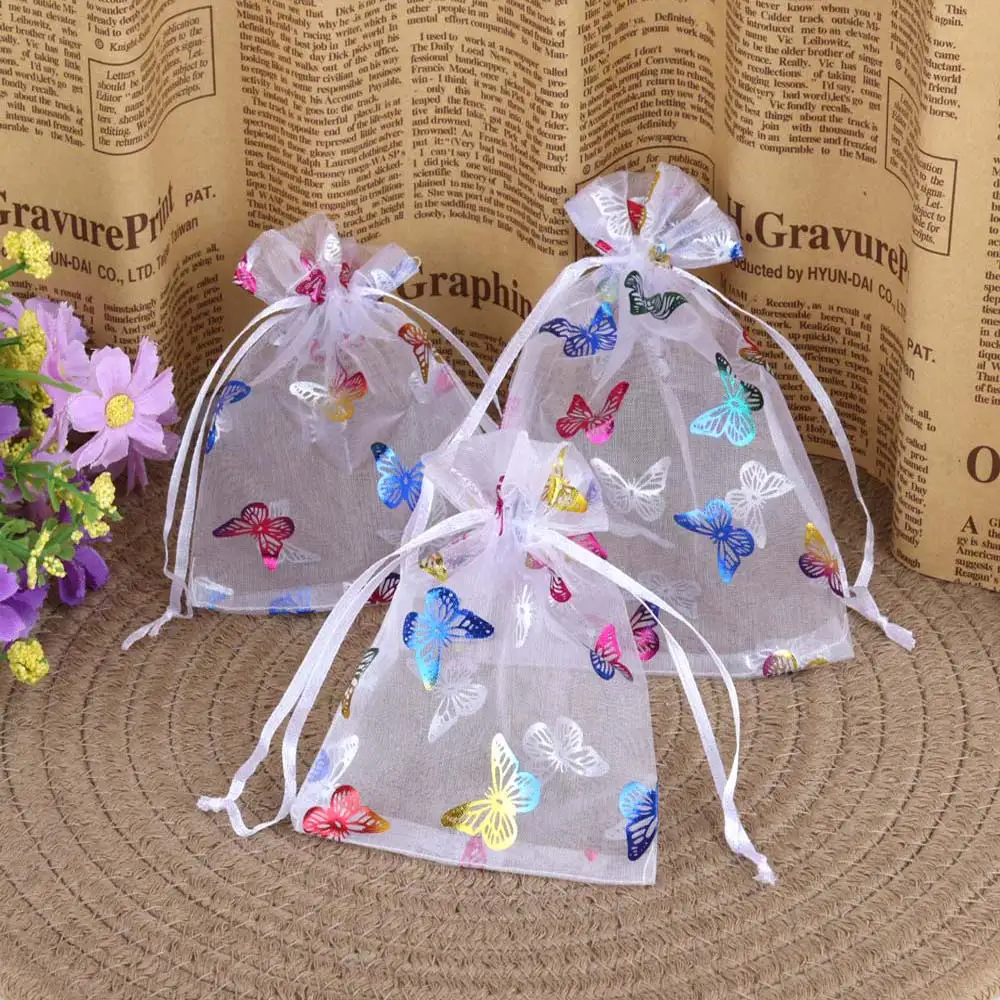 25pcs Dazzling Butterfly Organza Jewelry Bag 9x12 10x15 13x18cm Drawstring Gift Bag Wedding Party Christmas Gift Display Pouches