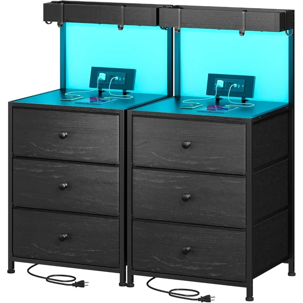 Tall Nightstand Set of 2 with Charging Station and Led Lights Nightstand with 3 Drawers and Shelves Bedside Table with USB Ports