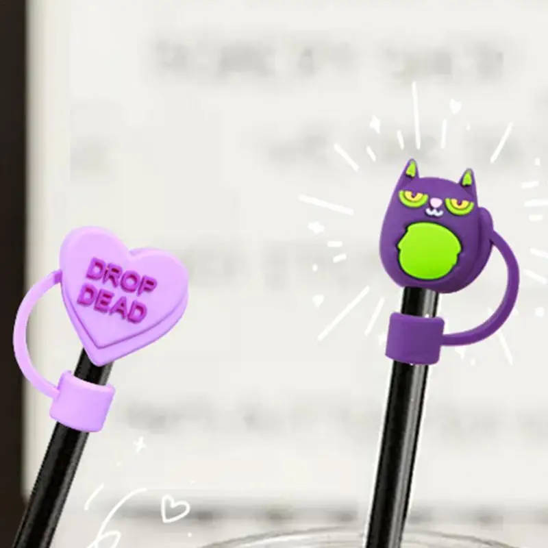 Halloween Straw Toppers For Tumblers 8mm Reusable Drinking Straw Topper Cat Shape Spill Proof Cover 4pcs Cartoon Toppers