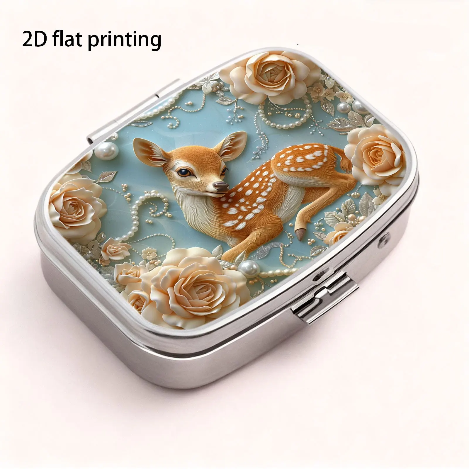 Light Blue Embossed Rose, Pearl, Plum Blossom, and Deer Gentle Vintage Pattern, Small Square Two-Compartment Pill Organizer, Portable Medicine Storage, Household Portable Organizer Box, Also a Decorative Box, Perfect for Handbags, Wallets, and Travel, Metal Storage Box, Small Jewelry Organizer, Ideal for Holiday Gifts, Souvenirs, Prizes, and Small Gifts view 3