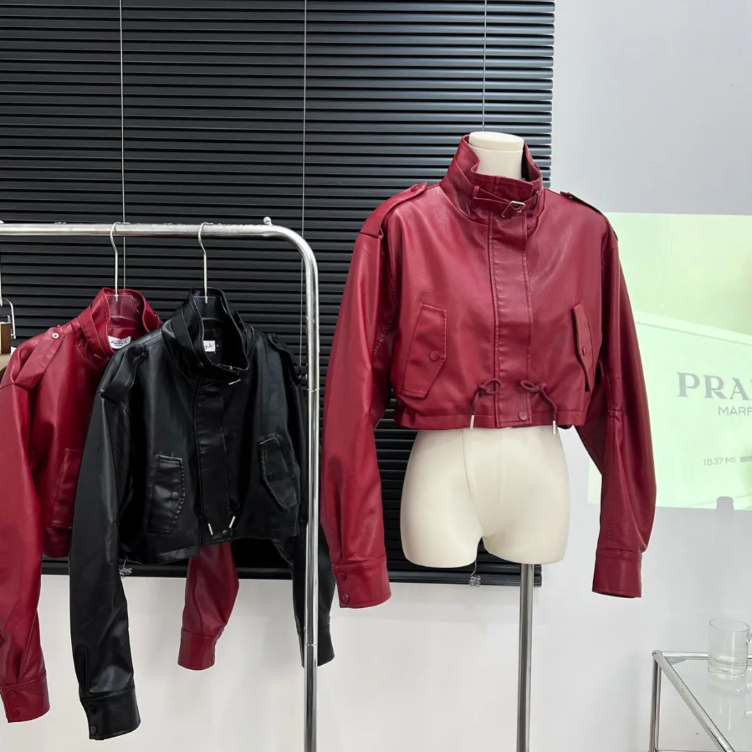 Vintage Red Street Style Short Leather Coat Ladies Y2K 2023 High Street Long-sleeved Motorcycle New Design Chic Leather Coats