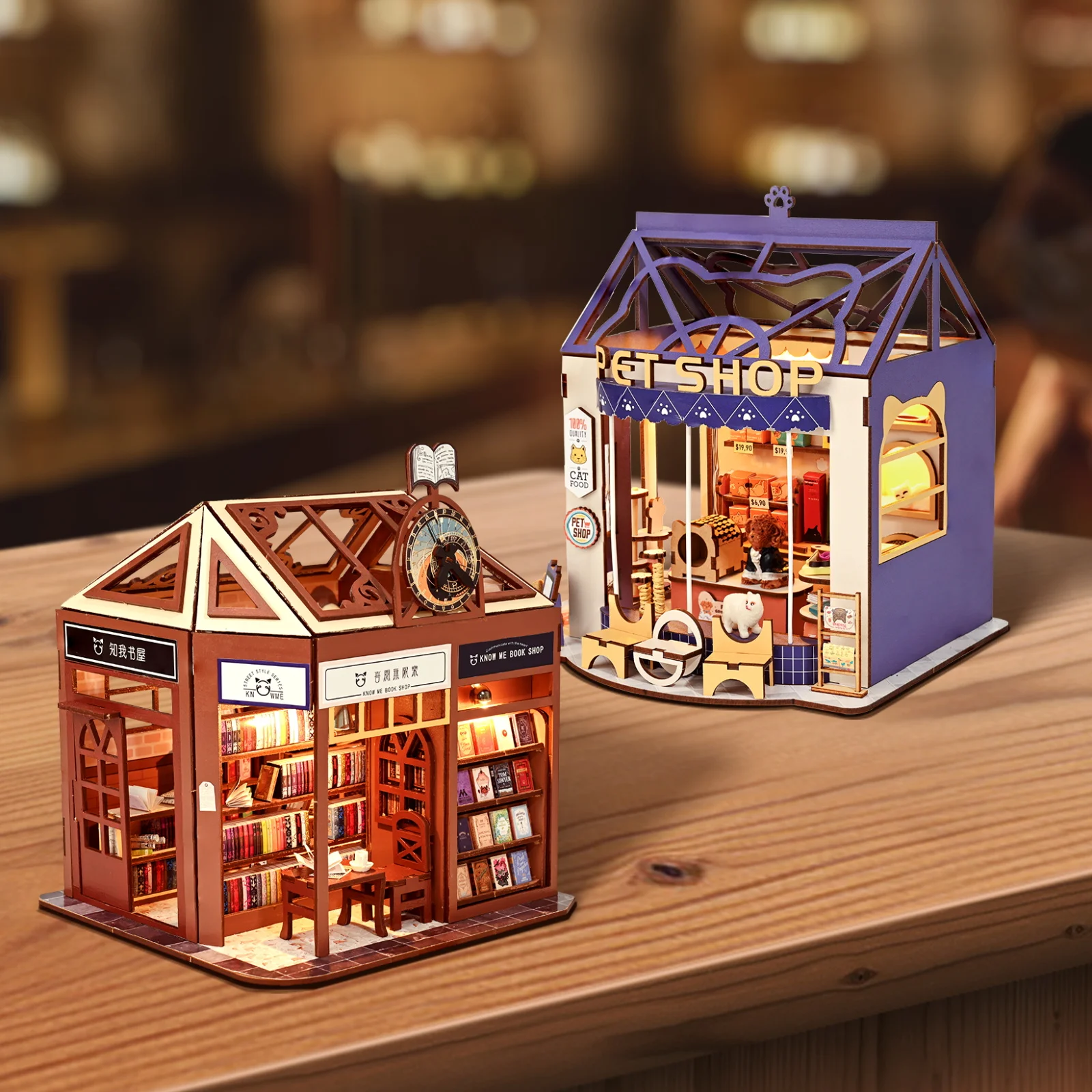 DIY Houten Boekwinkel Miniatuur Model Kit Dierenwinkel Casa 3D Puzzel Poppenhuis Met Meubelverlichting Home Decor voor Vrienden Geschenken