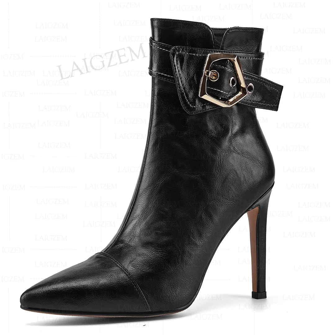 LAIGZEM Women Ankle Boots Real Leather Side Zip Pointed Toe Thin High Heels Short Boots Zip Up Ladies Shoes Woman Size 33 39 40