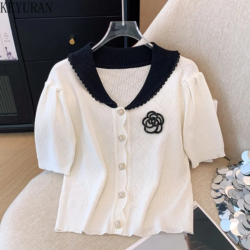 2024 Summer Flower Knitted Cardigan Women T-shirt Elegant Fashion Puff Short Sleeve Sweater Single-breasted Knitwear Tops Jumper