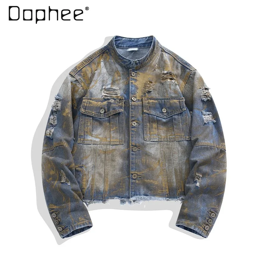 

Men's Spring Autumn New Amercian Retro Style Loose Blue Denim Jacket Stand Collar Washed Frayed Cropped Streetwear Coat