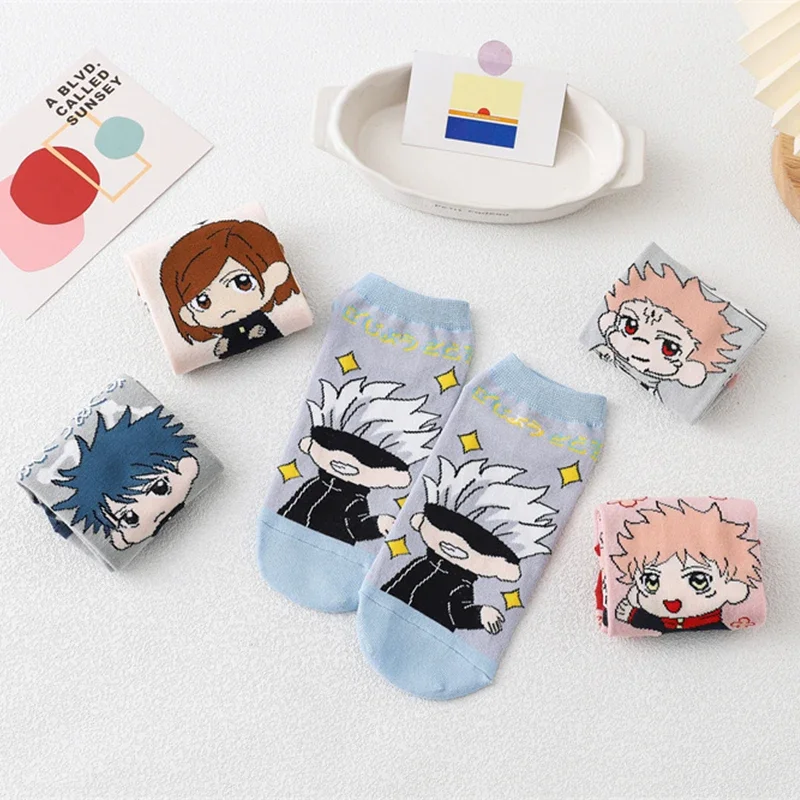 5pairs/set Cartoon Anime Jujutsu Kaisen Socks Cosplay Itadori Yuji Kugisaki Nobara Gojo Satoru Sneaker Cotton Ankle Socks Funny