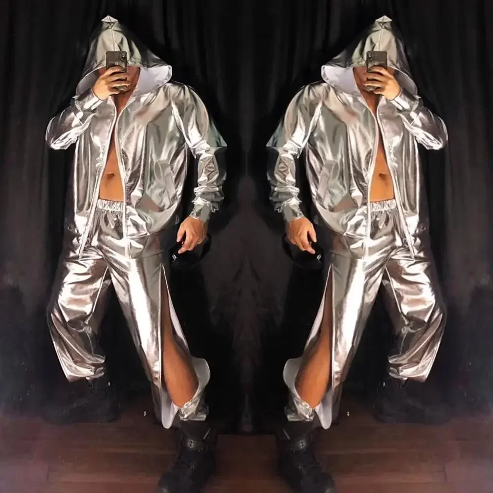 2 Piece Set Stage Hip Hop Bomber Suit Silver Red PU Leather Hooded Jacket Hollow Out Pant