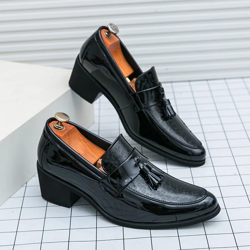 

Elegant Black Tassels Leather Shoes Man High-Quality High Heels Slip-on Luxury Dress Shoes Man Plus Sizes 46 Man Shoes For Party