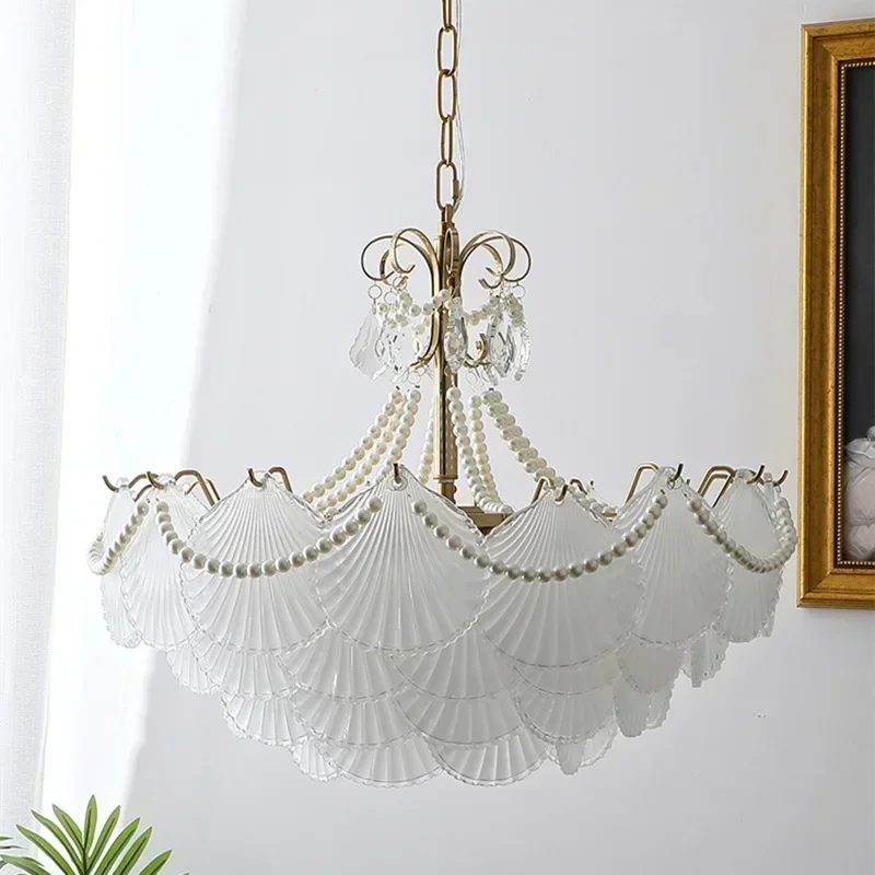 Lámpara de araña colgante de cristal de concha francesa, accesorio de luces Led moderno, lámparas de cobre para decoración del hogar, sala de estar, comedor y dormitorio