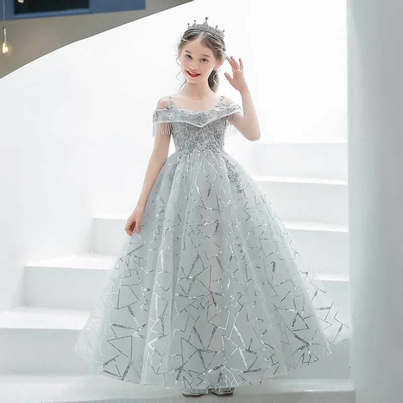 Little Girls Princess Party Dress Kids Birthday Party Outfits Gown Children Tulle Long Prom Dresses Teen Girls School Graduation