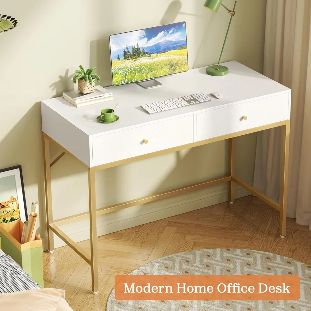 Modern White and Gold Vanity Desk with 2 Drawers, Compact Makeup Desk, Home Office Writing Desk for Small Spaces