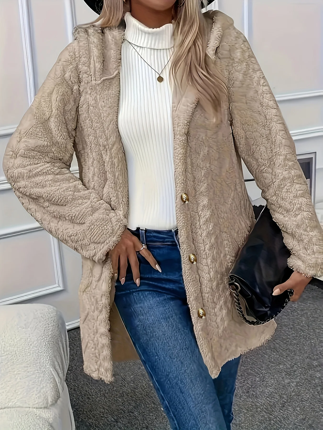 

Элегантное женское плюшевое пальто больших размеров с капюшоном на пуговицах, стильное пальто из искусственного меха с длинными рукавами