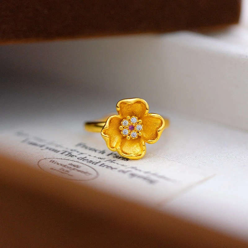 

Fashion 18K Gold Color Dot Diamond Little Orchid Ring for Women Wedding Engagement Jewelry Open Ring Gifts Not Fade