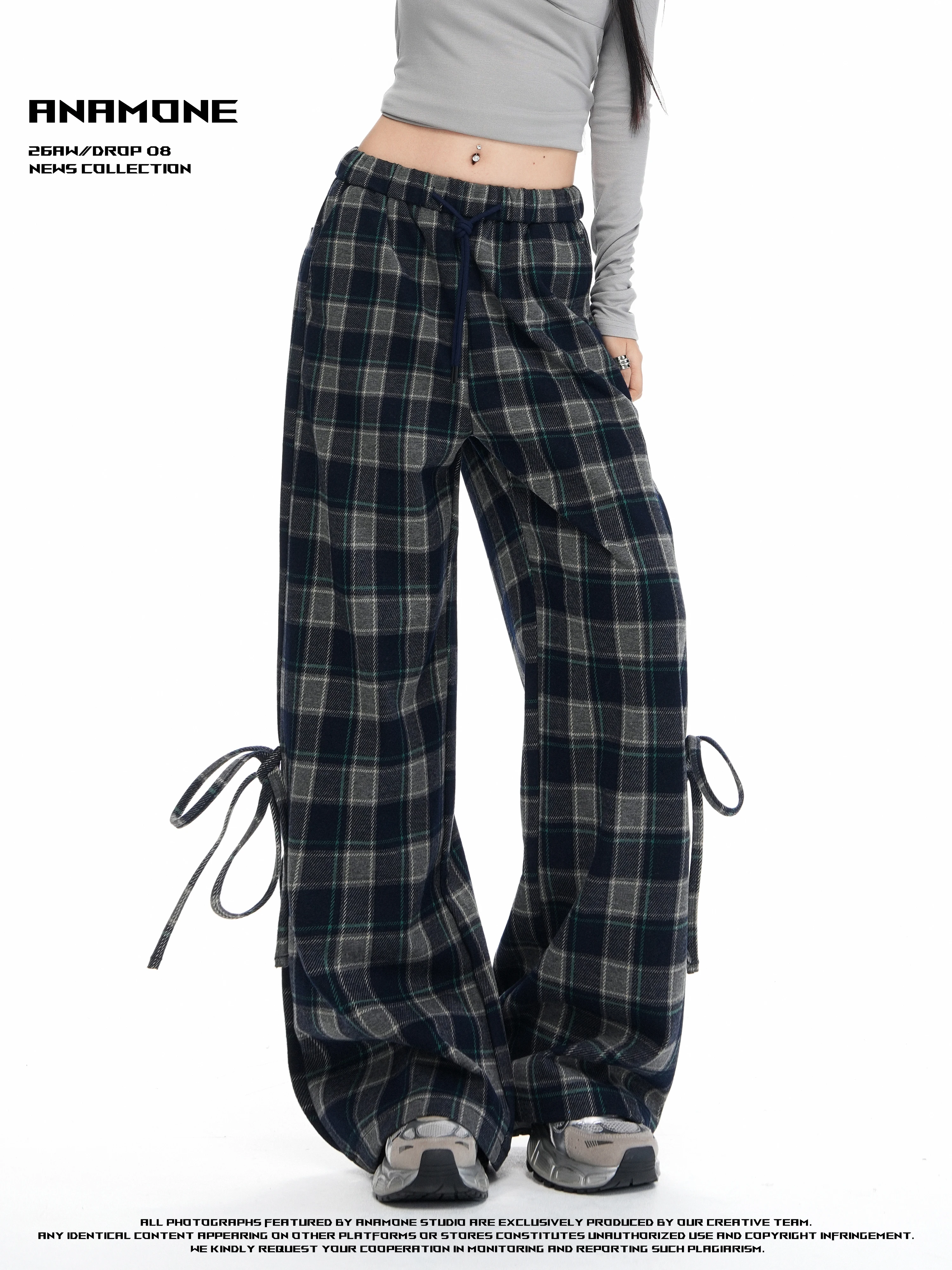 ANAMONE Blue American Retro Plaid Wide Leg Pants Women's Spring Autumn Design Sense Drawstring  Knot Long Trousers