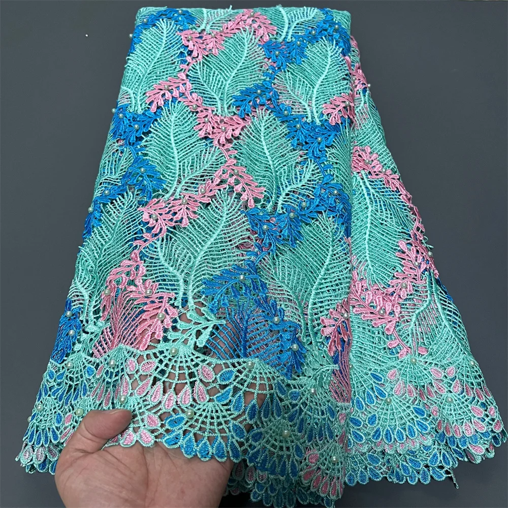 

2025 High Quality African Nigerian Embroidery Lace Fabric Tulle Wedding Guipure Water Soluble Party Dress Sequins 5Yards ZJ047