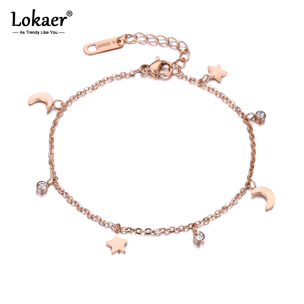 Lokaer Trendy Bracelet Moon & Star CZ Crystals Rose Gold Color Stainless Steel Charm Bracelet Link Chain Christmas Gift B18186