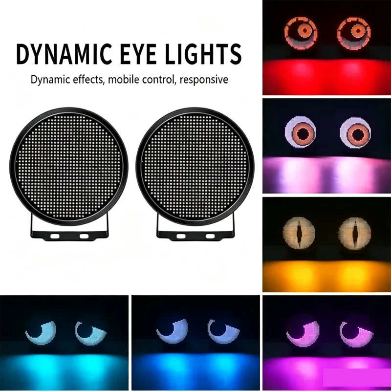 2Pcs LED Screen Blink Eyes 89MM Fog Light RGB APP Bluetooth Control DIY Multi Mode LED Car Headlamps Dynamic Eye Lights 12V-24V