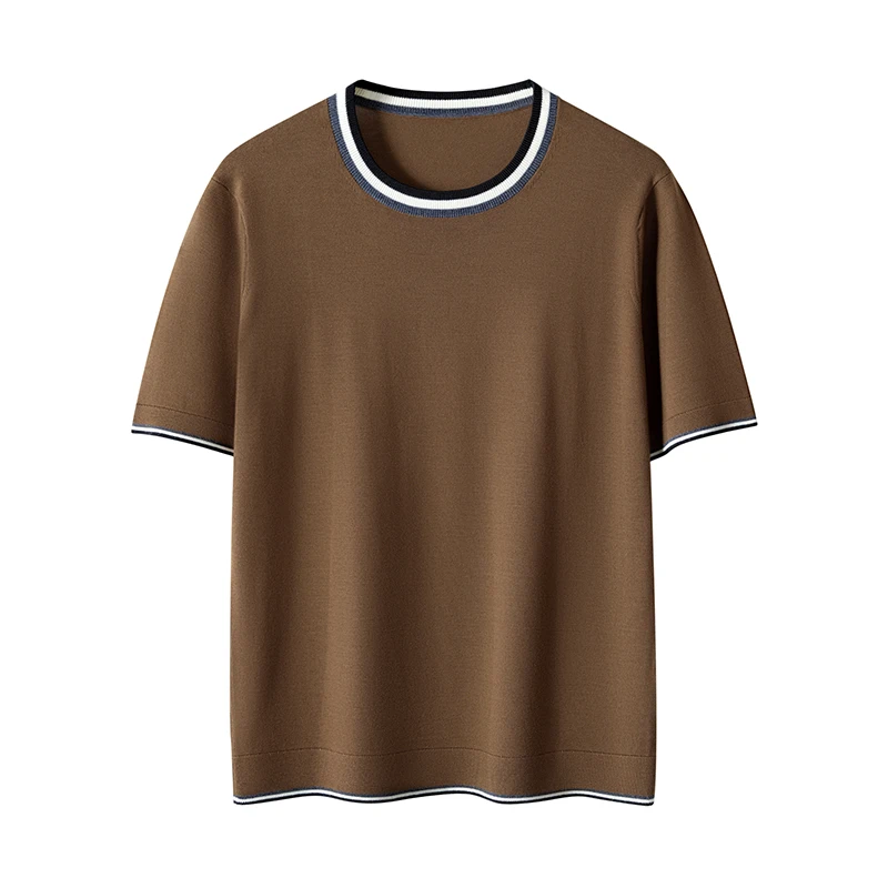 100% Nerino Sweater Summer Men's O-neck Pullover Short Sleeve Loose Contrast Color Top Knitted Clothing Plus size T-shirt