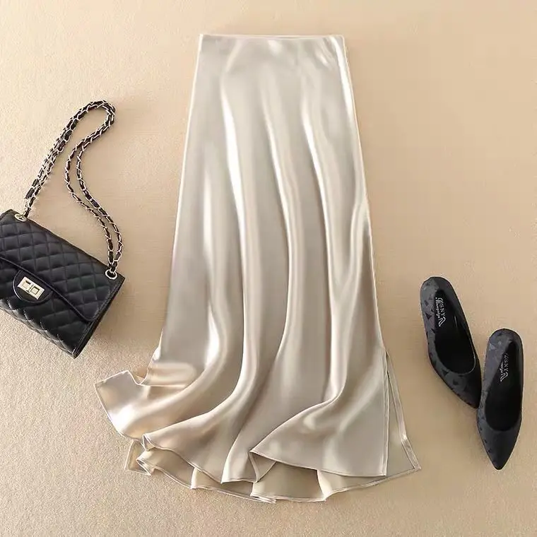 Satin glossy triacetic acid elastic elastic waist medium and long skirt solid color small A-shaped skirt