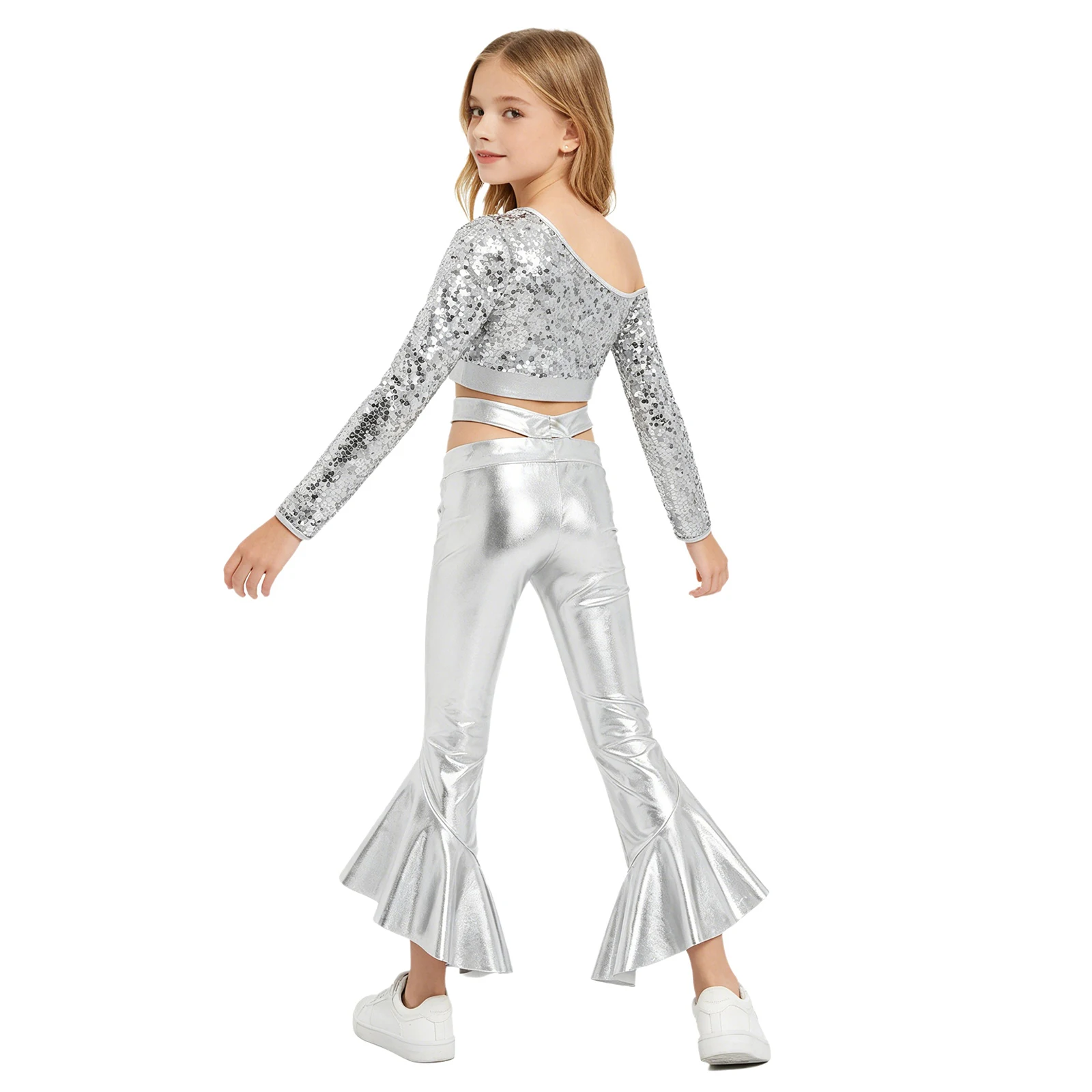 Kids Girls Metallic Jazz Street Dance Costume Long Sleeve Sequins Crop Top with Flared Pants for Hip Hop Disco Party Performance