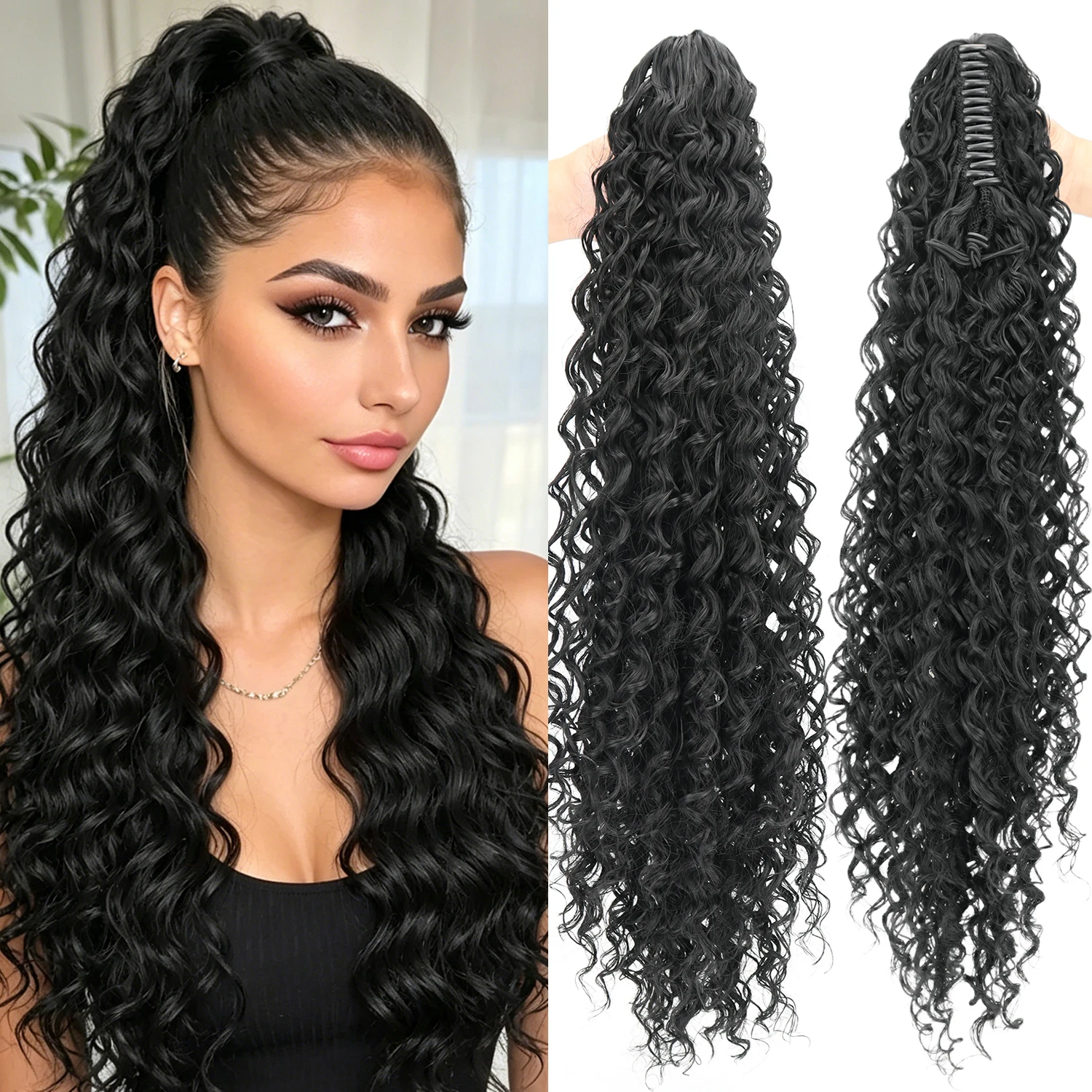 

Synthetic Claw Clip Long Deep Curly Wave Ponytail Black Elasticity Fluffy Deep Curly Ponytail Hair Extensions for women