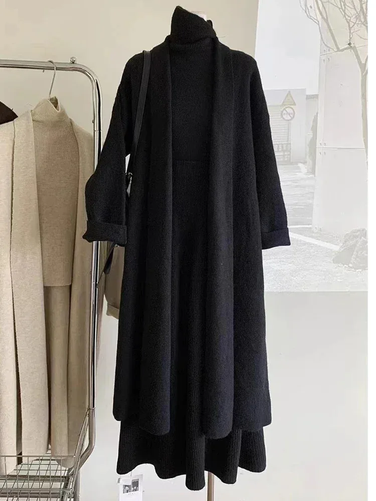 BZVW Fashion Knited Three Piece Set Women\'s Turtleneck Vest Long Cardigan With Solid Color Casual Skirts 2024 Autumn New 25Z1283
