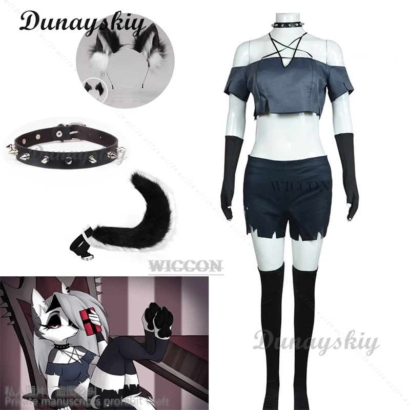 Loona Cosplay Costume Clothes Uniform Cosplay Hazbin Cosplay Furry Roleplaying Hotel Felhunter Wolf Tail Headdress Headwear Cos