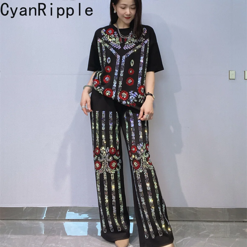 

Fashion Lady Summer Two-piece Set Hot Drilling Floral Loose Short Sleeve T-shirt Top + Elastic Waist Casual Wide Leg Pants Suits