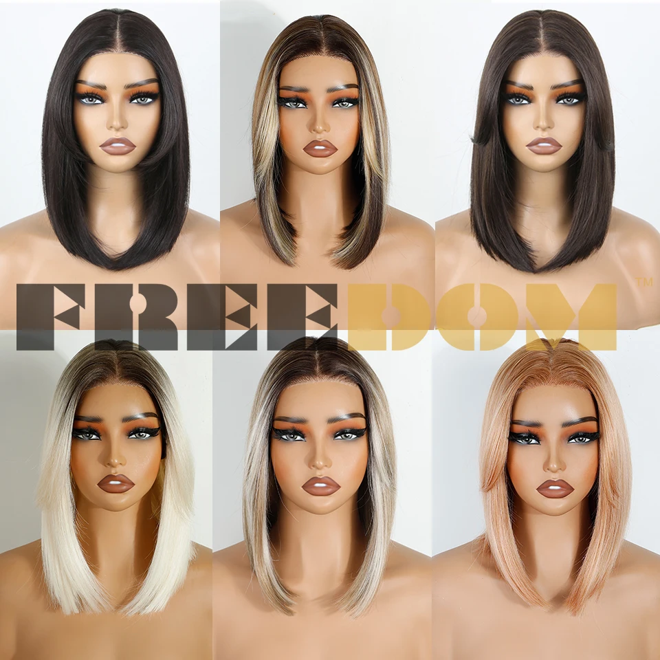 FREEDOM Synthetic Lace Wigs For Women 12 Inch Short Bob Pre Plucked Pre-Cut Wig With Bangs Ombre Brown Blonde Wigs Cosplay Wig