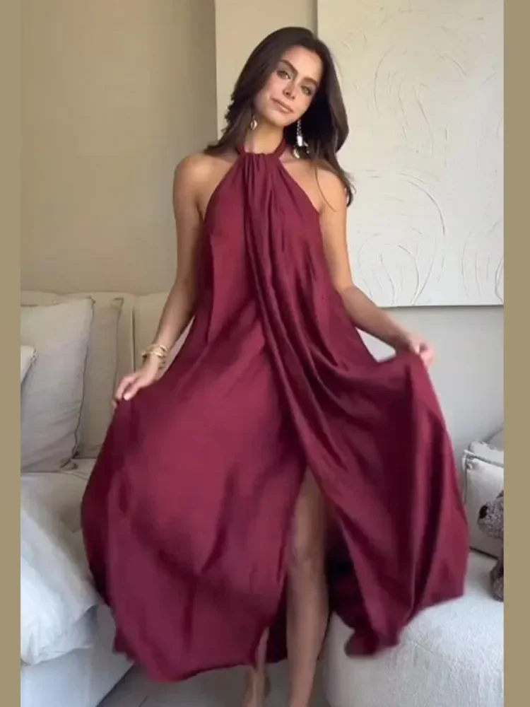 ผู้หญิง High Slit Halter SLIM FIT ชุดแฟชั่นจีบแขนกุดปิดไหล่ Backless Maxi Vestido Beach PARTY Wear