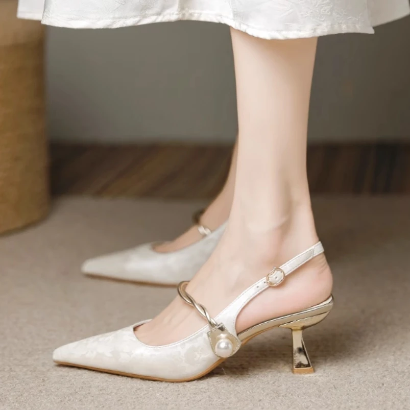 

Весна и осень 2024, новый китайский стиль на тонком каблуке с острым носком, высоким каблуком Cheongsam и босоножками для женщин, туфли-лодочки