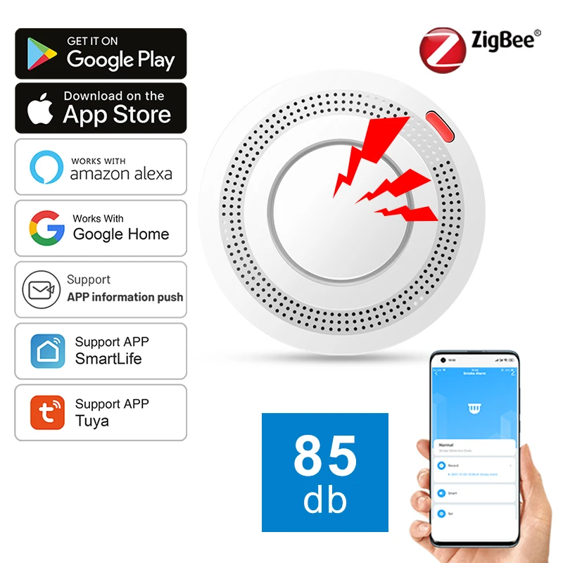 Tuya Smart Zigbee Smoke Detector With Real-Time APP Alerts & 85dB Alarm for Home/Office Wireless Easy Installation & Low Powe