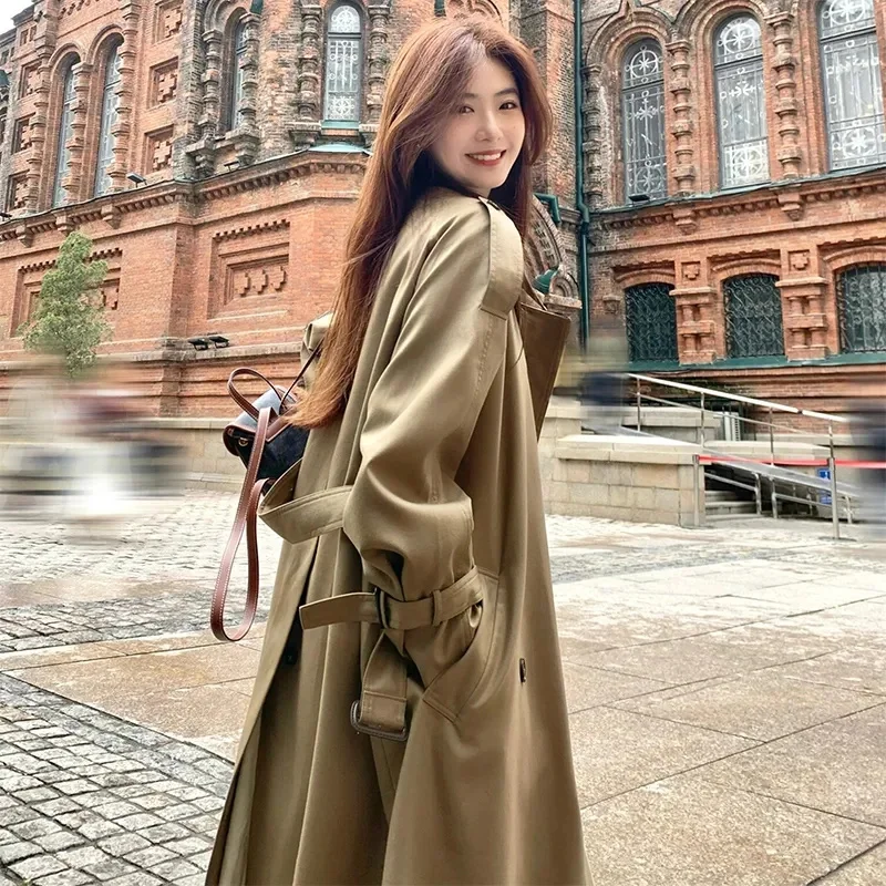 

2024 Long Belt Trench Coats Women Korean Double Breasted Gabardina Jackets Streetwear Windbreaker Abrigos Spring Casacos