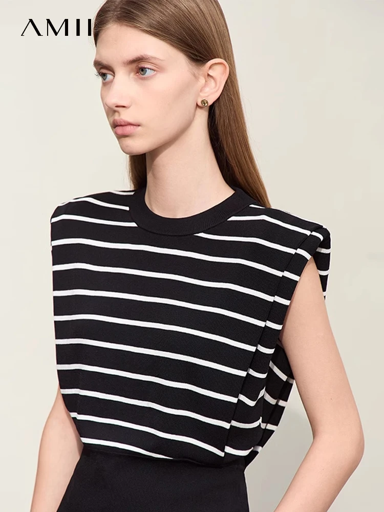 

AMII Minimalism Pullovers O Neck Women Knitwears 2023 Summer New Straight Stripe Sleeveless Female Sweater Lady Tops 12342642