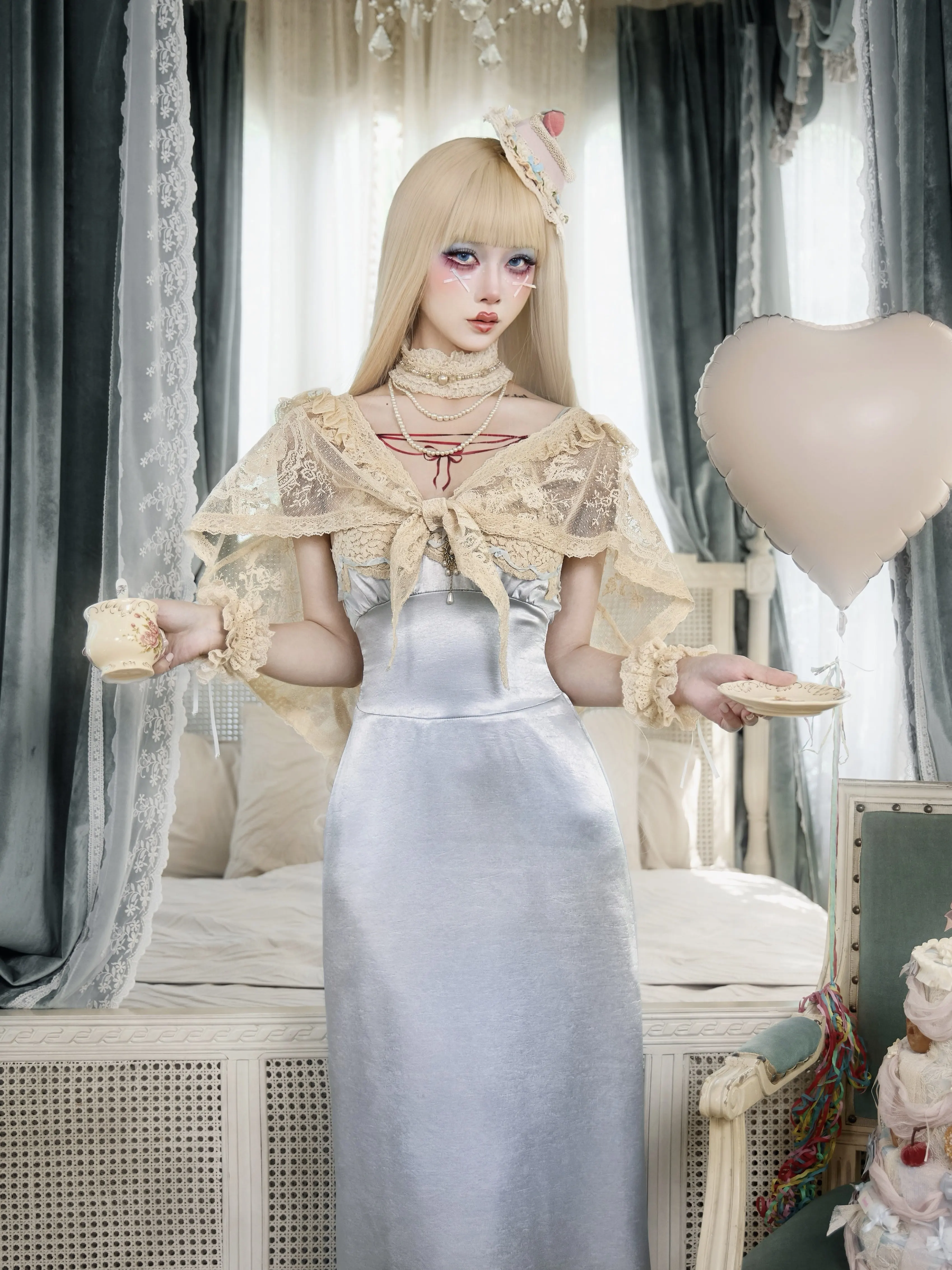 Blood Supply Original Vintage Cream Beige Lace Shawl French Rococo Retro Doll Design Lace Princess Court Shrug Capes