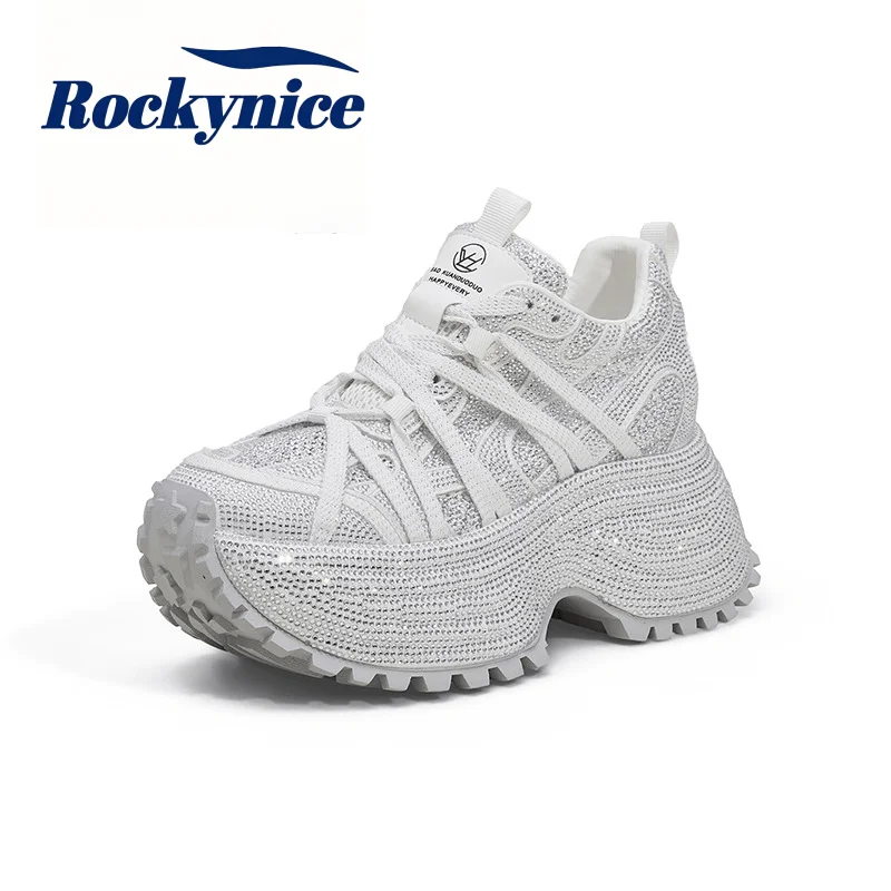 Women's Bling Rhinestone Dad Shoes New 2026 Spring Mesh Breathable Chunky Sneakers Lace-Up 9CM Heels Casual Sports Walking Shoes