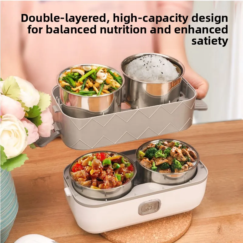Portable Single/Double-Layer Electric Heating Lunch Box, Multifunctional Plug-In Thermal Steaming Rice Cooker for Office Workers