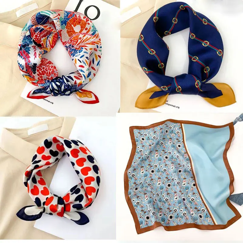 

100% Pure Silk Scarf Women Neck Hair Band Foulard Square Small Headband 2025 Fashion Print Neckerchief Scarves Bandana 53*53cm